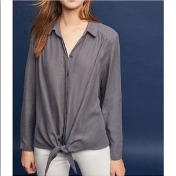 Anthropologie Tops - Anthropologie | Maeve Gray Tuesday Tie Front Blouse Women's Sz. XS 100% Tencel